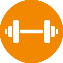 Ein weißes Hantel-Symbol auf orangefarbenem Hintergrund.