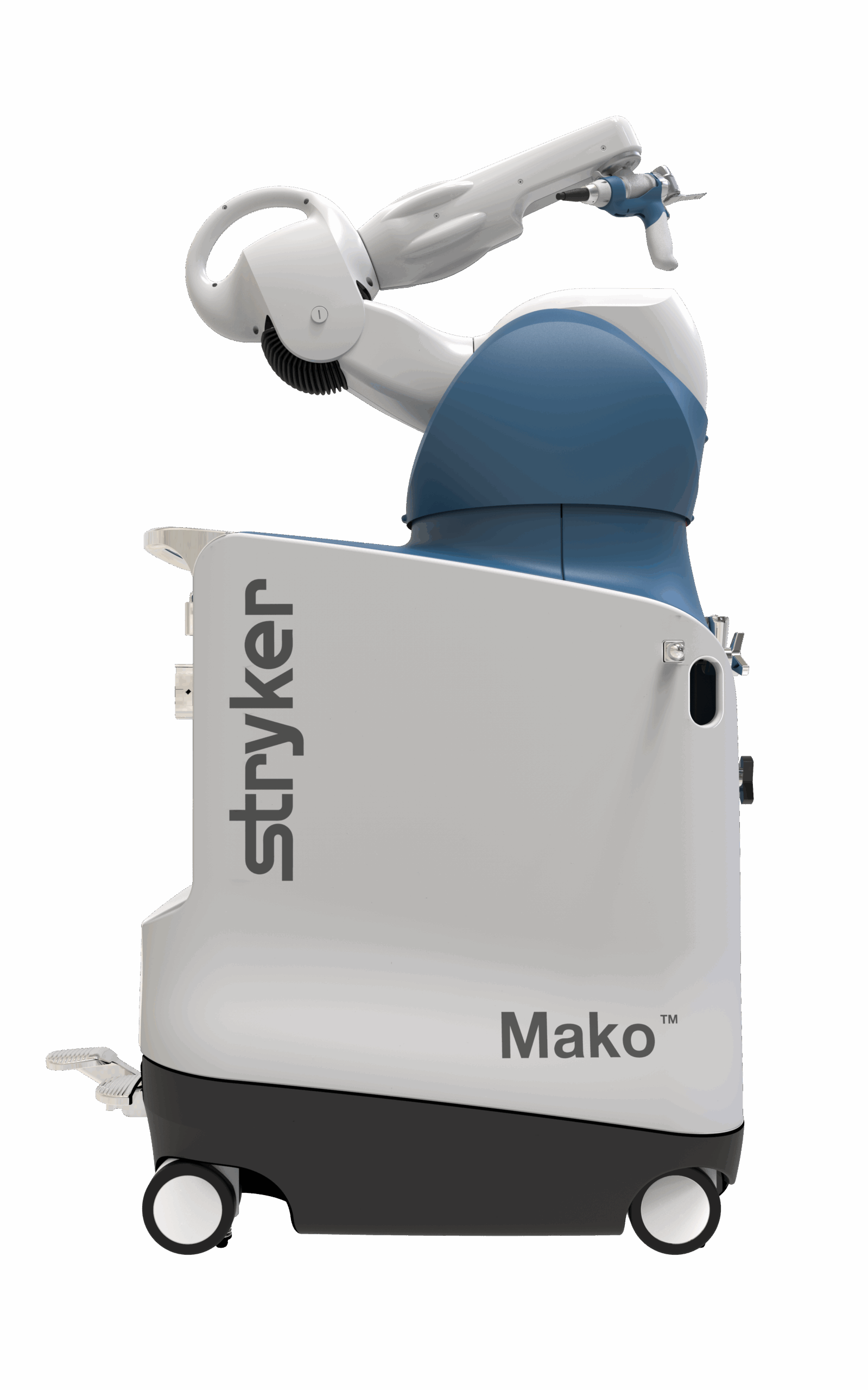 Ein medizinischer Roboter mit blau-weißer Verkleidung und Greifarm, auf Rädern.