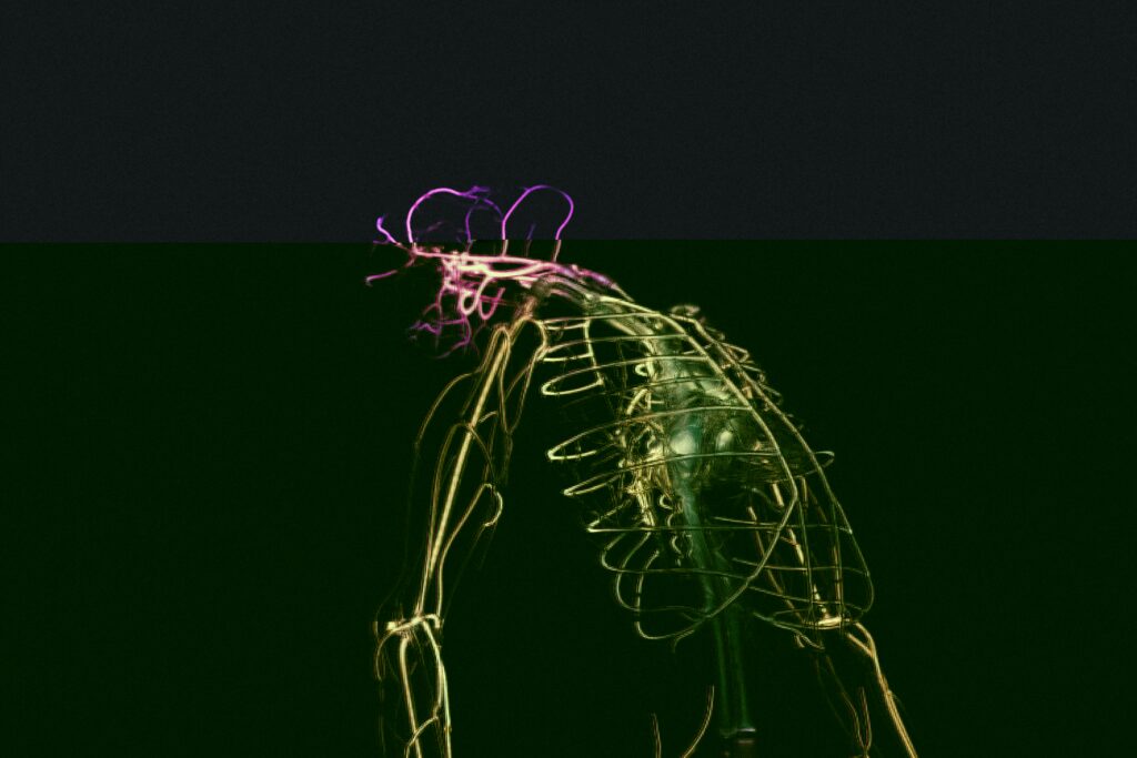 Ein leuchtendes Drahtskelett mit lila Lichtakzenten auf dunklem Hintergrund.