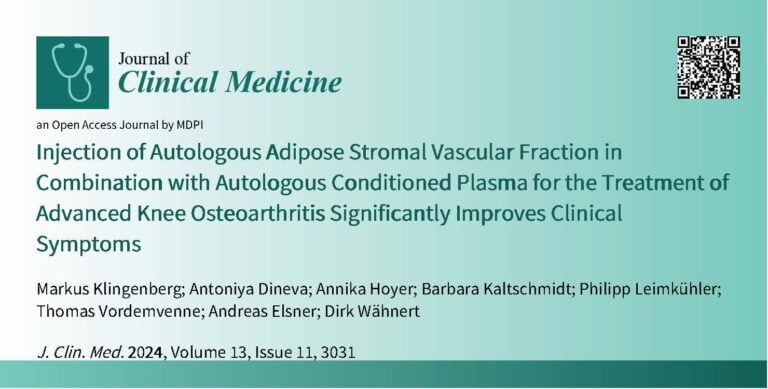 Zeitschriftenartikel über Kniearthrose-Behandlung mit Fettgewebe und Plasma, Autoren und QR-Code auf grünem Hintergrund.