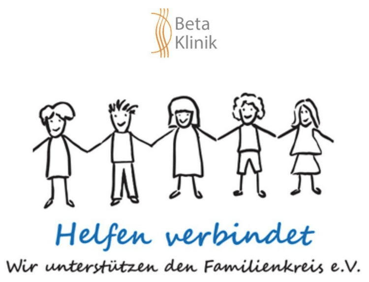 Strichmännchen halten sich an den Händen, darüber steht Beta Klinik, darunter Helfen verbindet.