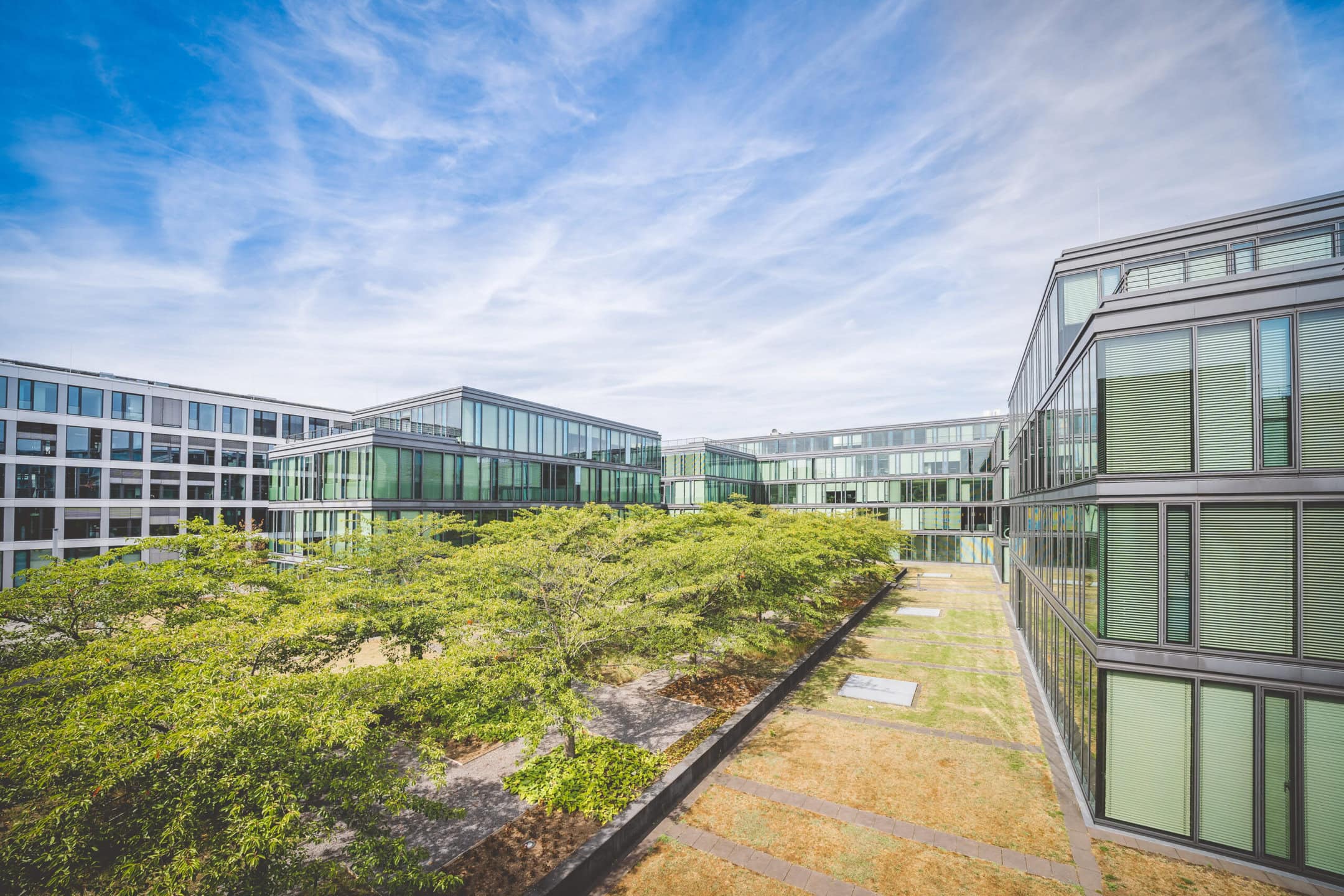 Außenansicht der Beta Klinik. Modernes Gebäude mit Fensterfront und grünem Park
