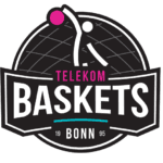 Logo der Telekom Baskets Bonn: stilisierter Basketballspieler mit pinkem Ball, schwarzer Hintergrund, Text Telekom Baskets Bonn.