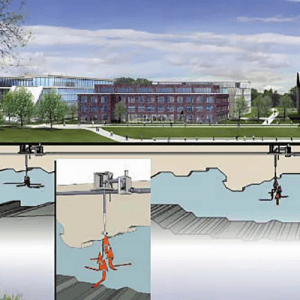 Illustration eines Gebäudekomplexes mit Querschnittdarstellung eines unterirdischen Systems, inklusive Wartungsarbeiten in Kanälen.