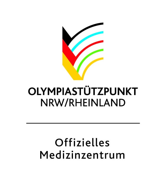 Logo mit bunten Streifen und Text: Olympiastützpunkt NRW/Rheinland, Offizielles Medizinzentrum.