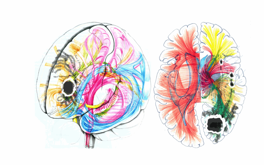 Bunte, abstrakte Zeichnung eines Gehirns mit farbigen Linien und Strukturen auf weißem Hintergrund.