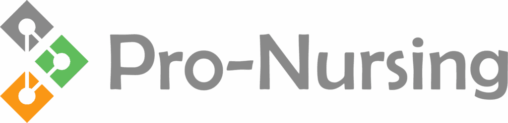Logo mit drei verbundenen Rauten in Grau, Grün und Orange, daneben der Text Pro-Nursing in Grau.