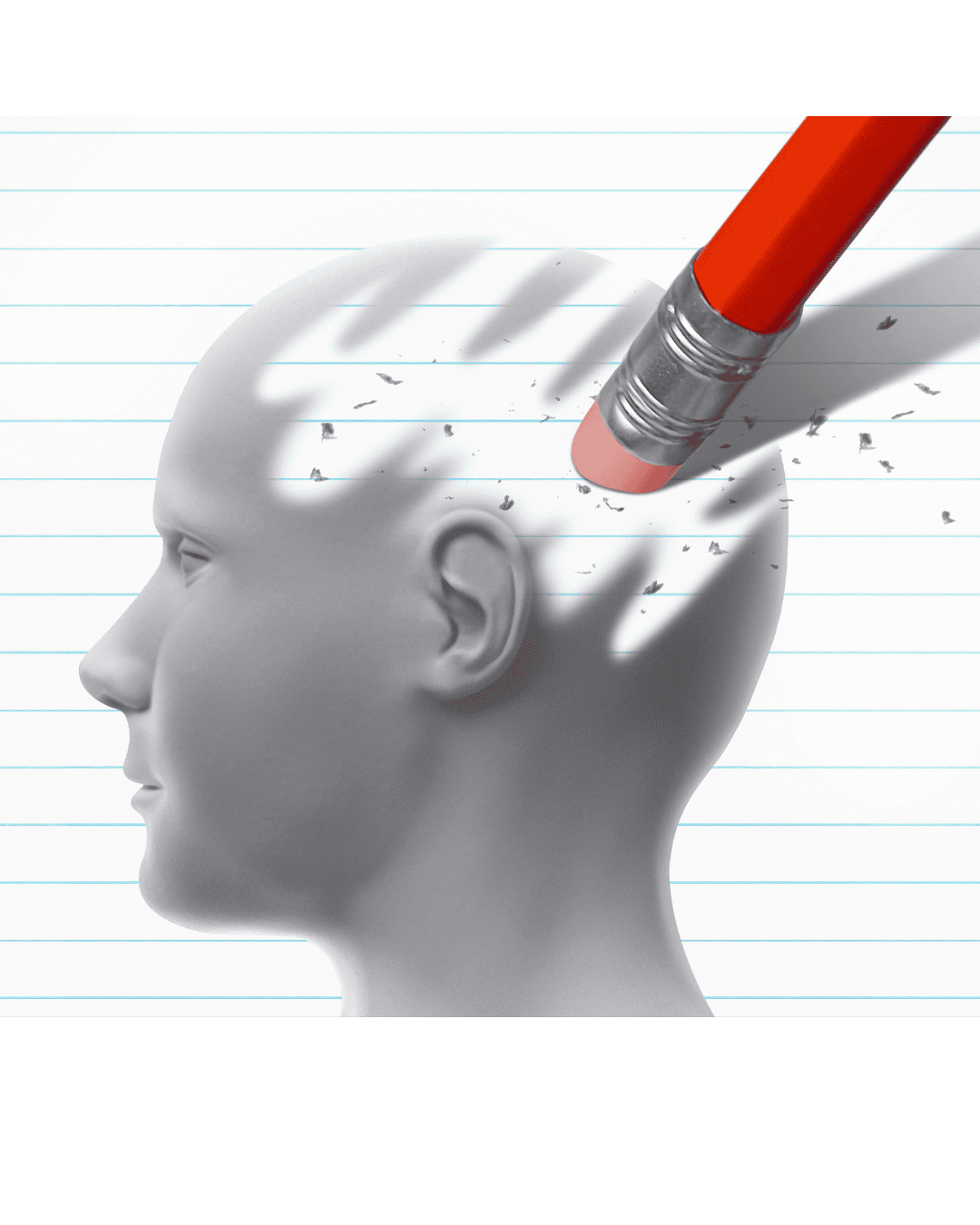 gezeichneter Kopf mit einem Radiergummi