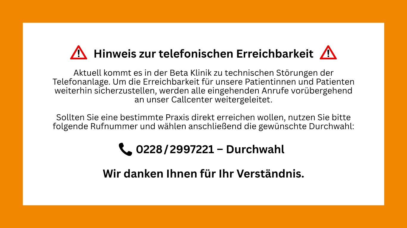 Aufgrund von Netzproblemen können wir aktuell keine Anrufe entgegennehmen. Bitte versuchen Sie es zu einem späteren Zeitpunkt nochmal. Vielen Dank! (1)