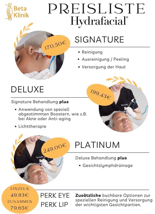 Preisliste Hydrafacial in der Beta Klinik